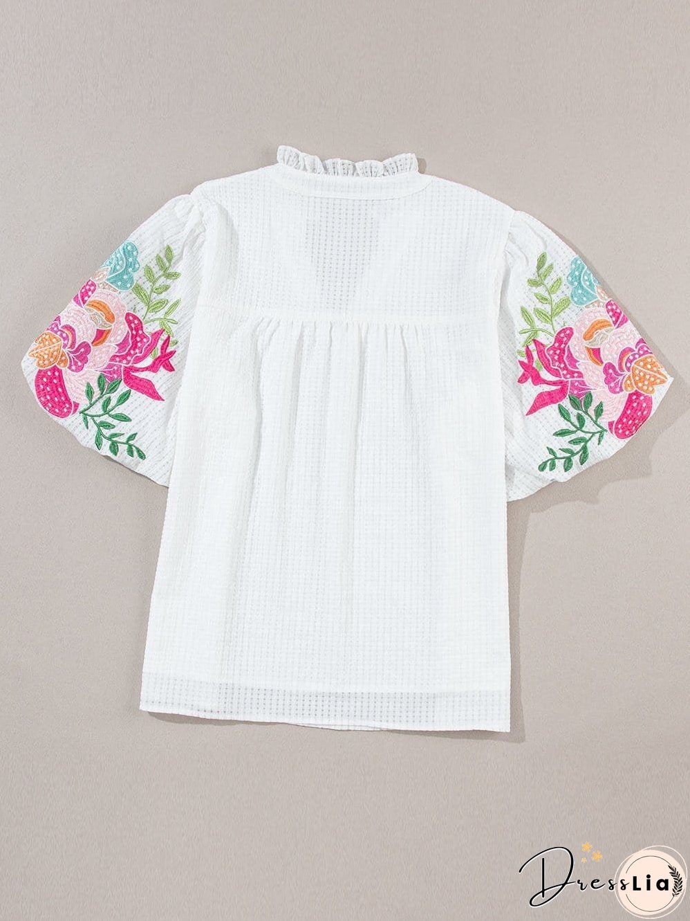 White Floral Embroidered Puff Sleeve V-Neck Mesh Detail Blouse