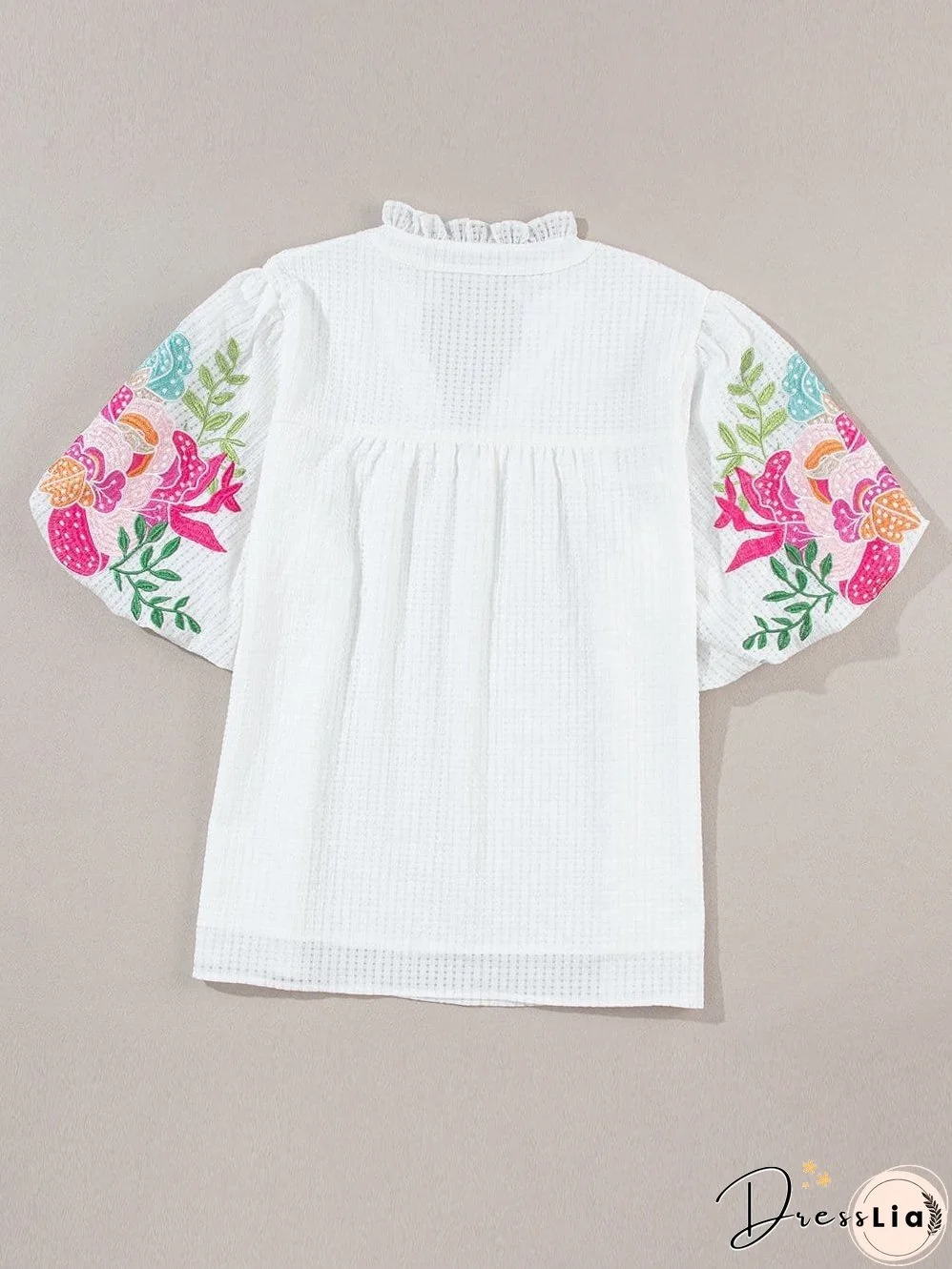 White Floral Embroidered Puff Sleeve V-Neck Mesh Detail Blouse