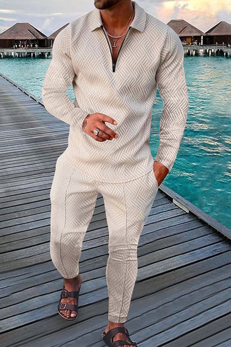 Tiboyz Men's Solid Color Long Sleeve Polo Shirt And Pants Two Piece Set