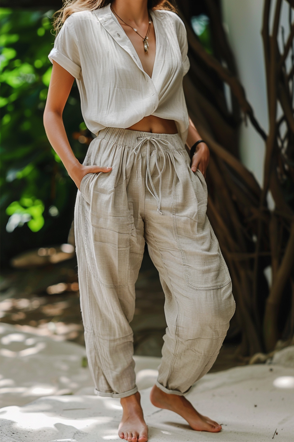 Flycurvy Plus Size Casual Khaki Linen Solid Drawstring Pockets Cropped Pants 2024 - Flycurvy 