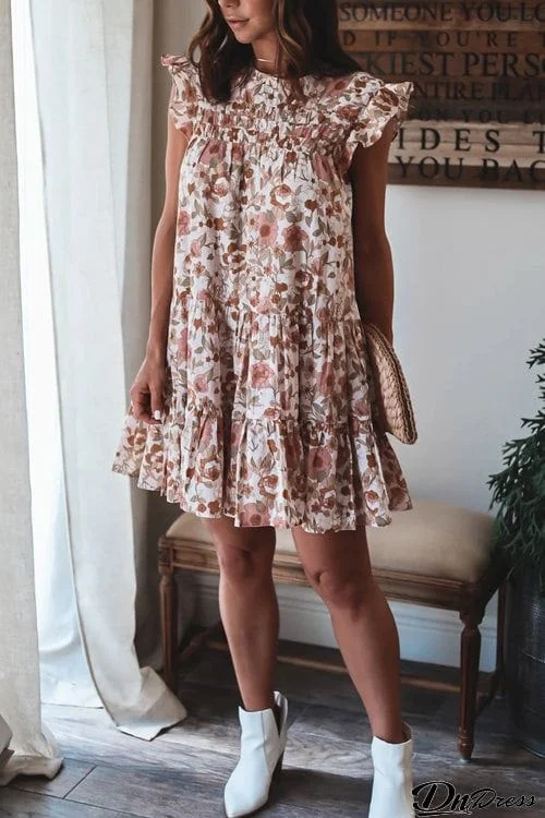 Tiered Loose Print Ruffle Sleeve Dress