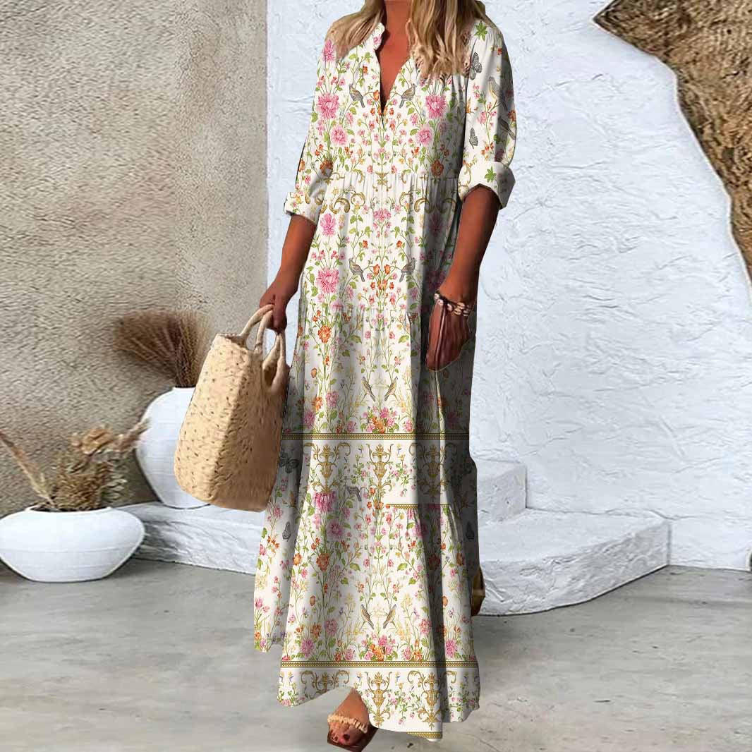 Women Floral, Pink, Green DZDN0181 SPU Printed Long Sleeve V-neck Maxi Dress