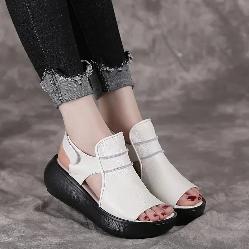 Qjong 2023 Summer Shoes Thick Bottom Flat Platform Sandals For Women Genuine Cow Leather Fashion Wedges Peep Toe Women Sandals