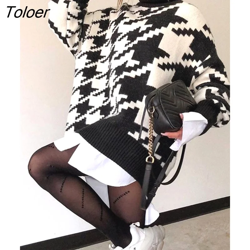 Toloer Sweater Dress Autumn Winter Fashion Houndstooth Black Turtleneck Long Sleeve Knit Pullover Tops Clothes For Women 2022 Fall