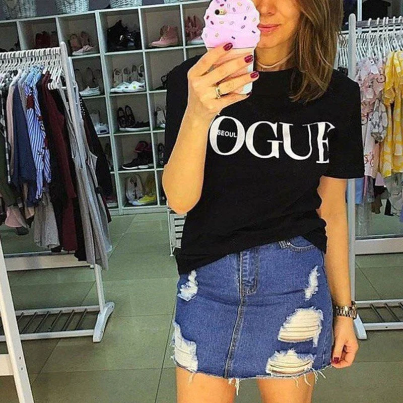 2019 Brand Summer Tops Fashion Clothes for Women VOGUE Letter Printed Harajuku T Shirt Red Black female T-shirt Camisas