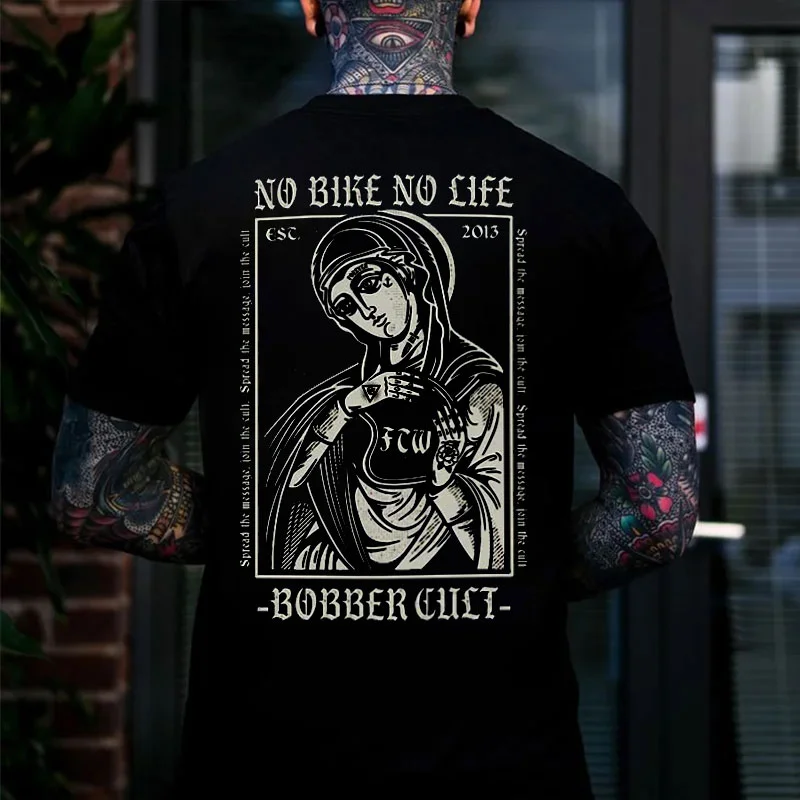 NO BIKE NO LIFE BOBBER CULT Nun&Helmet Print Men's T-shirt