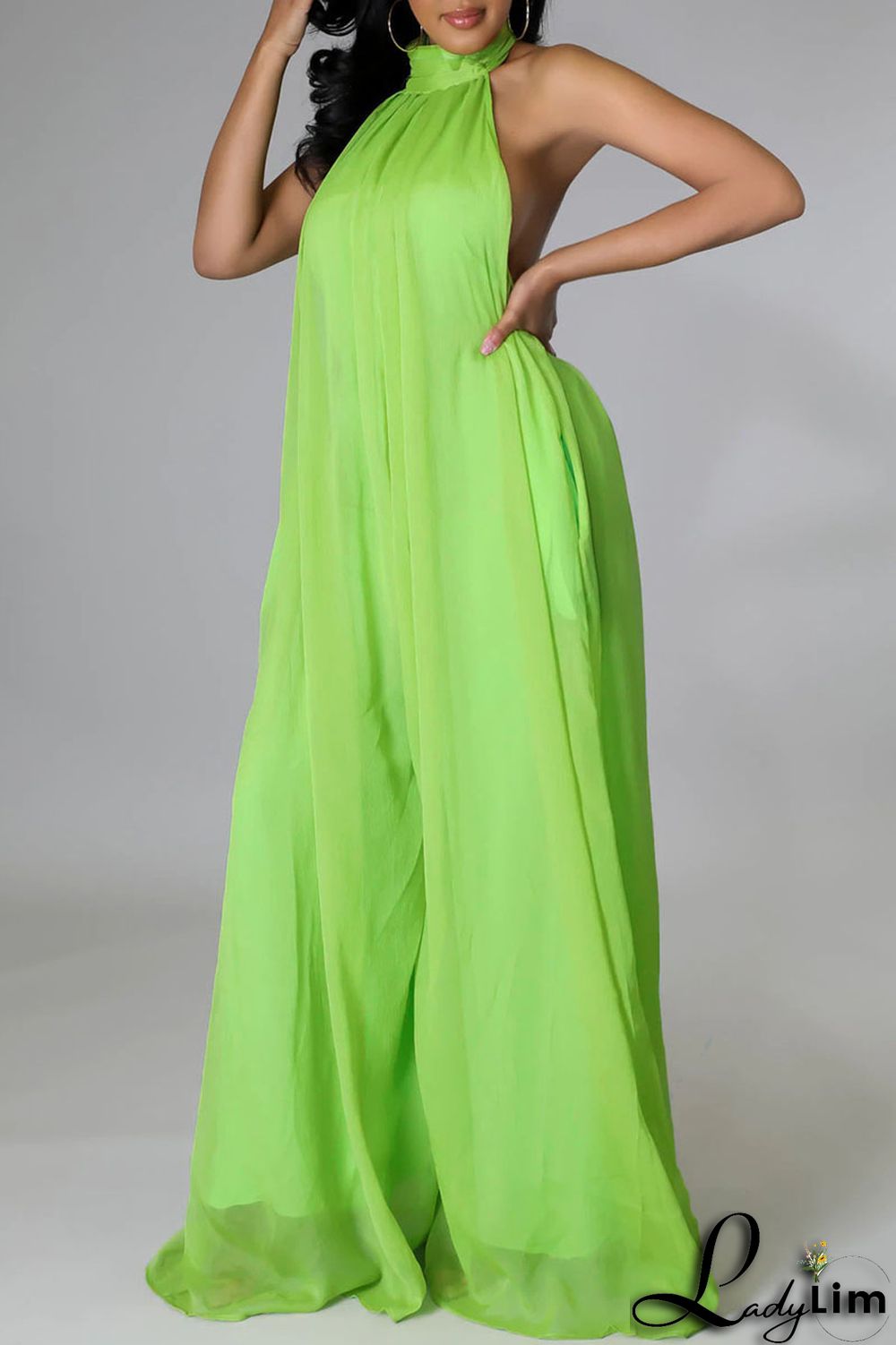 Yellow Elegant Solid Patchwork Backless Halter Straight Jumpsuits