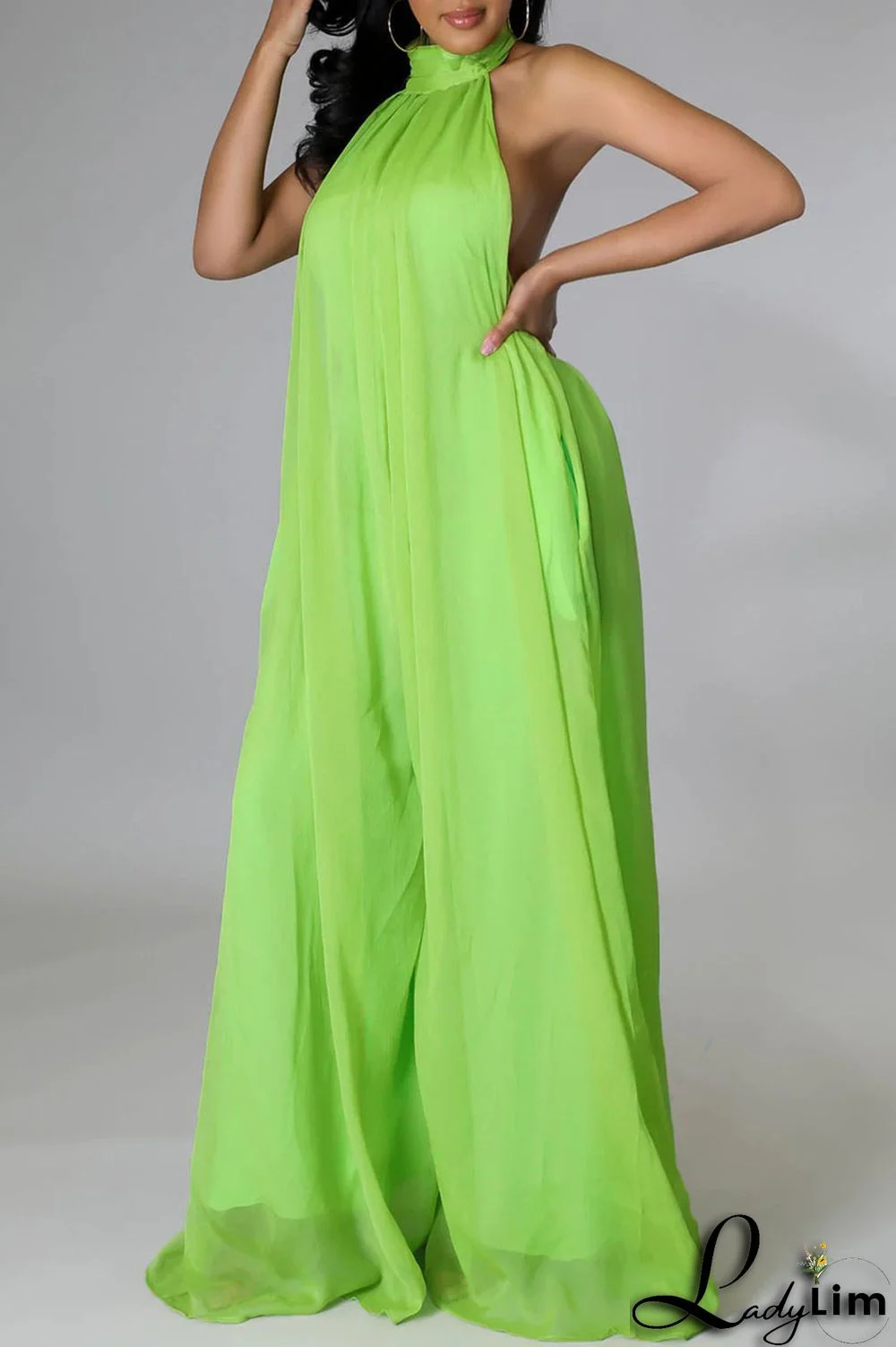 Yellow Elegant Solid Patchwork Backless Halter Straight Jumpsuits