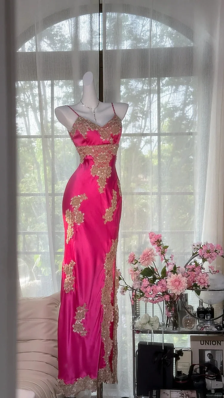 Pink floral ball gown long satin date dress evening dress birthday dress wedding dress