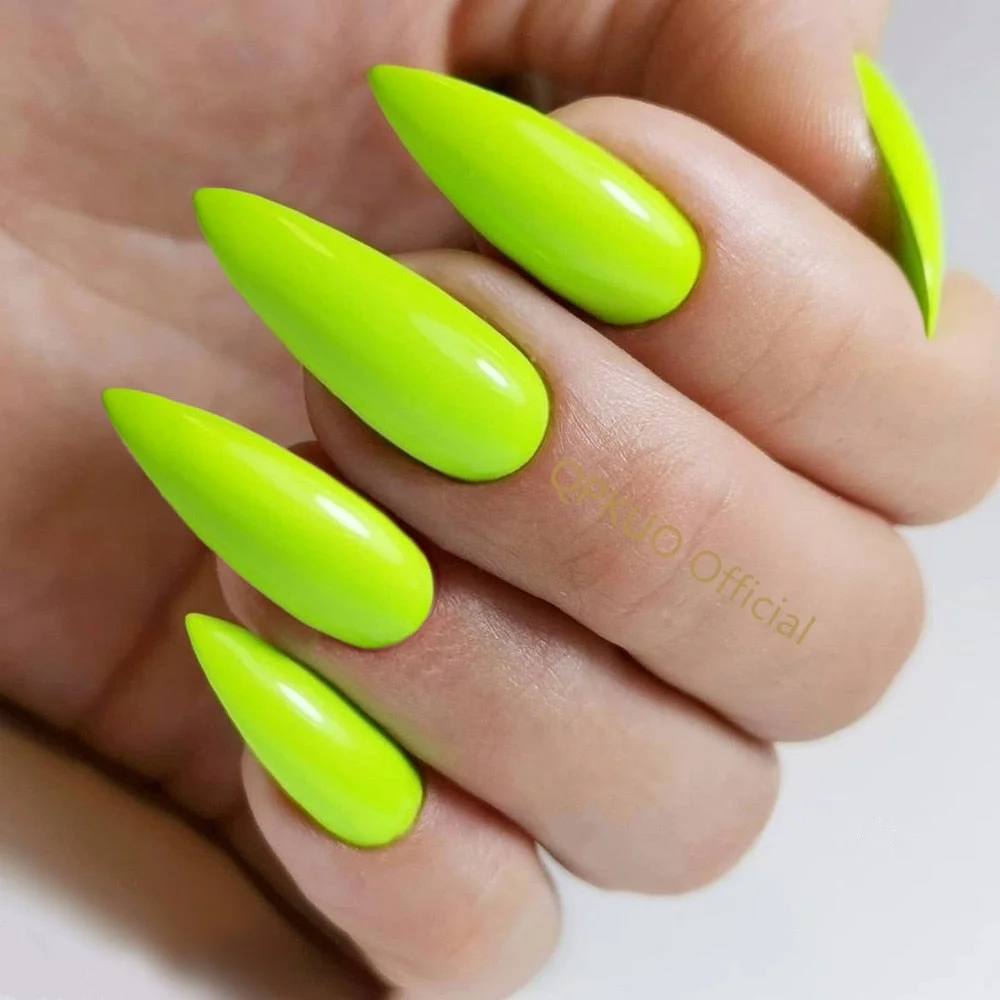 24Pcs Bright Yellow Green Artificial Stiletto Fake Nail Super Long False Nails With Jelly Glue Press On Manicure Tool