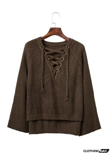 V Neck Solid Color Long Sleeve Knit Sweater