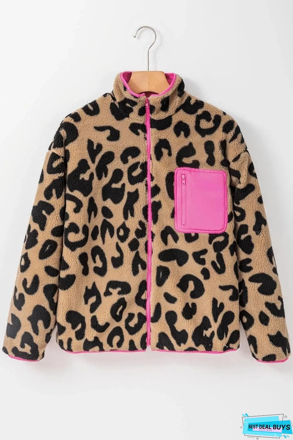 Leopard Colorblock Pocket Zipper Fuzzy Fleece Jacket