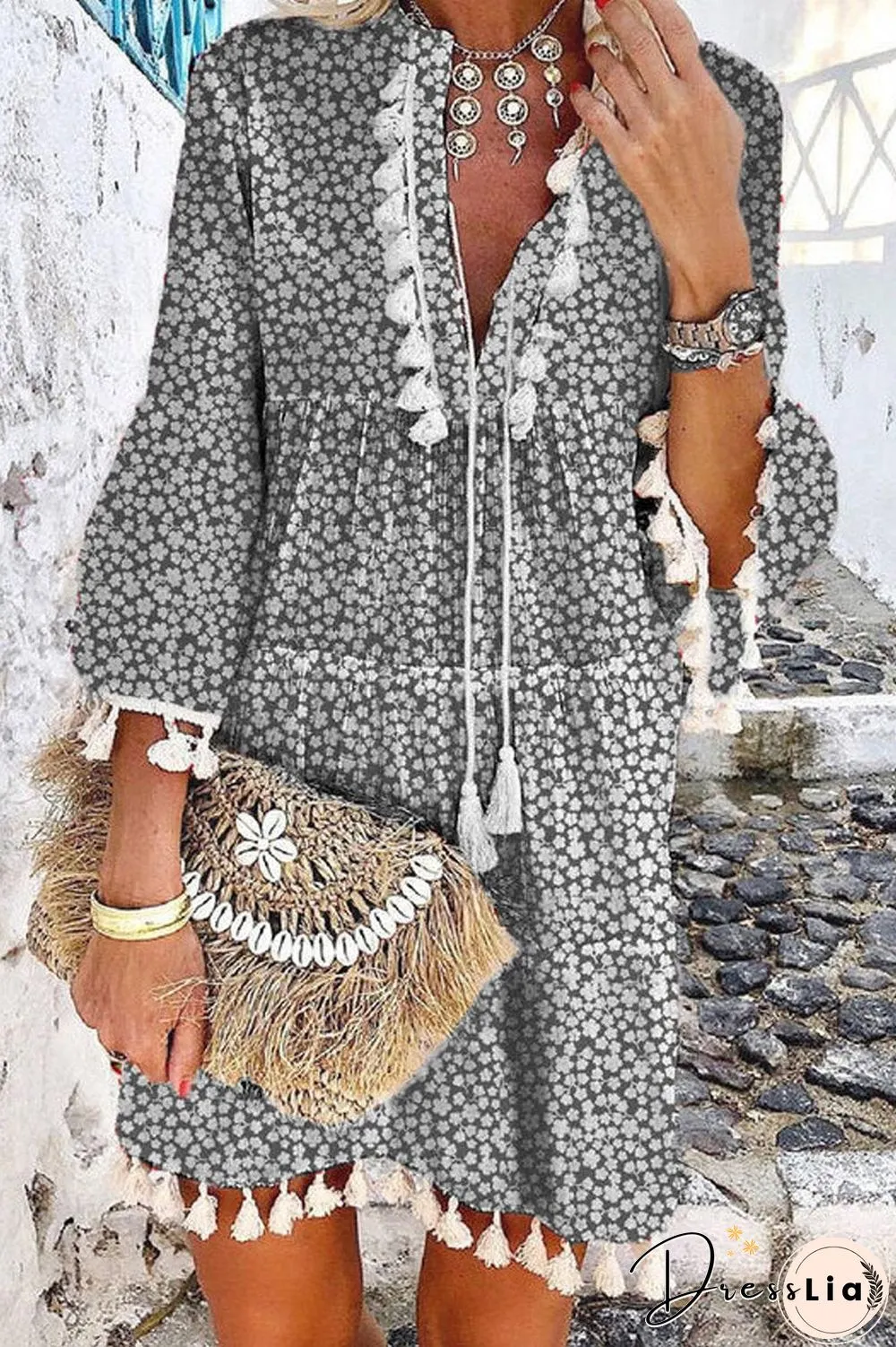 Bohemian V-Neck Tassel Dress