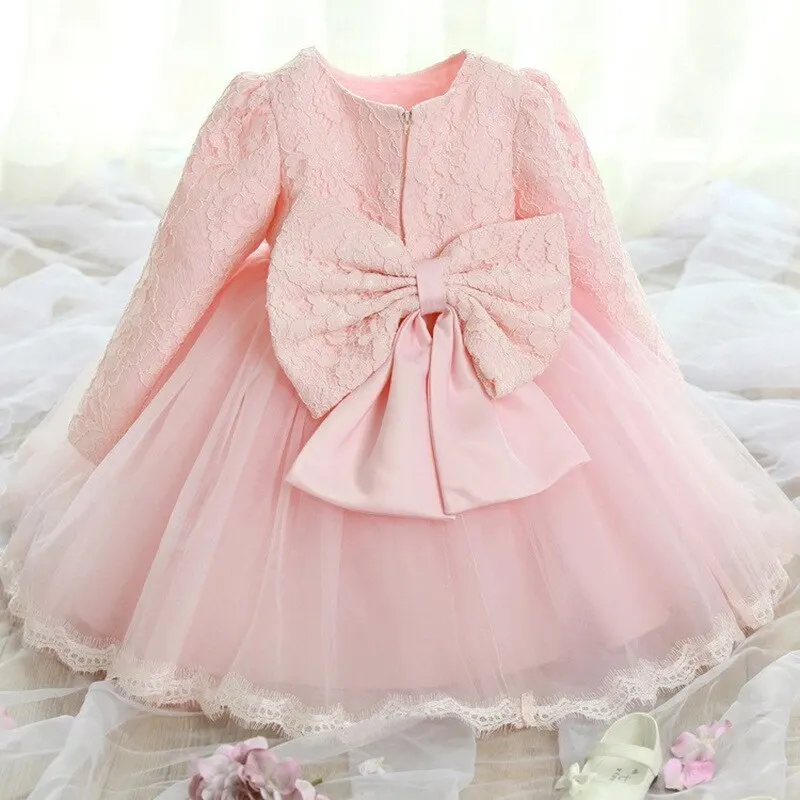 Uveng New Winter Baby Girl Dress 1 year Birthday Dress White Lace Baptism Vestido Infantil Bowknot Princess Dresses for Wedding Party