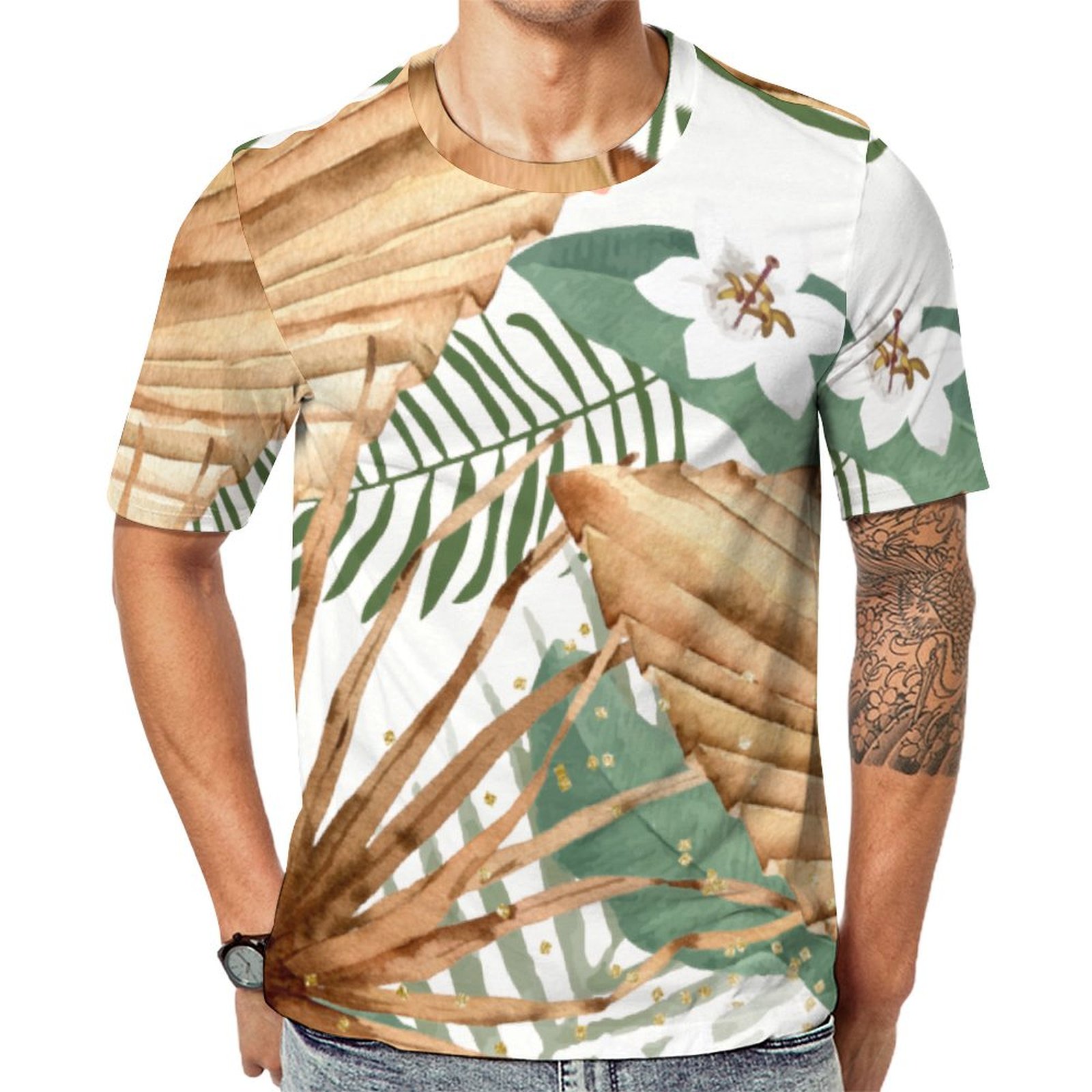 Tropical Hibiscus Flower Dried Palm Leaf Flamingo Short Sleeve Print Unisex Tshirt Summer Casual Tees for Men and Women Coolcoshirts