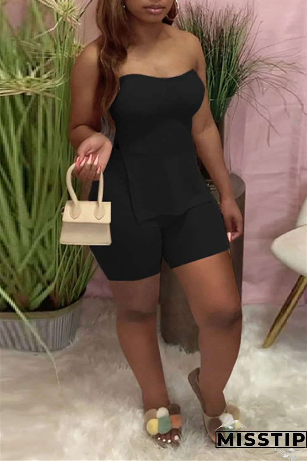 Coral Powder Sexy Casual Solid Backless Slit Strapless Sleeveless Two Pieces
