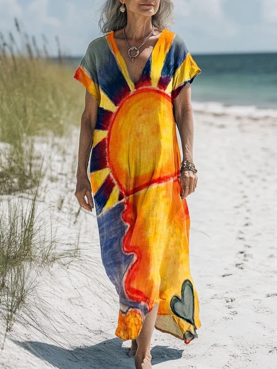 Women's Vintage Sun Rainbow Love Art Print Pocket Cotton Dress