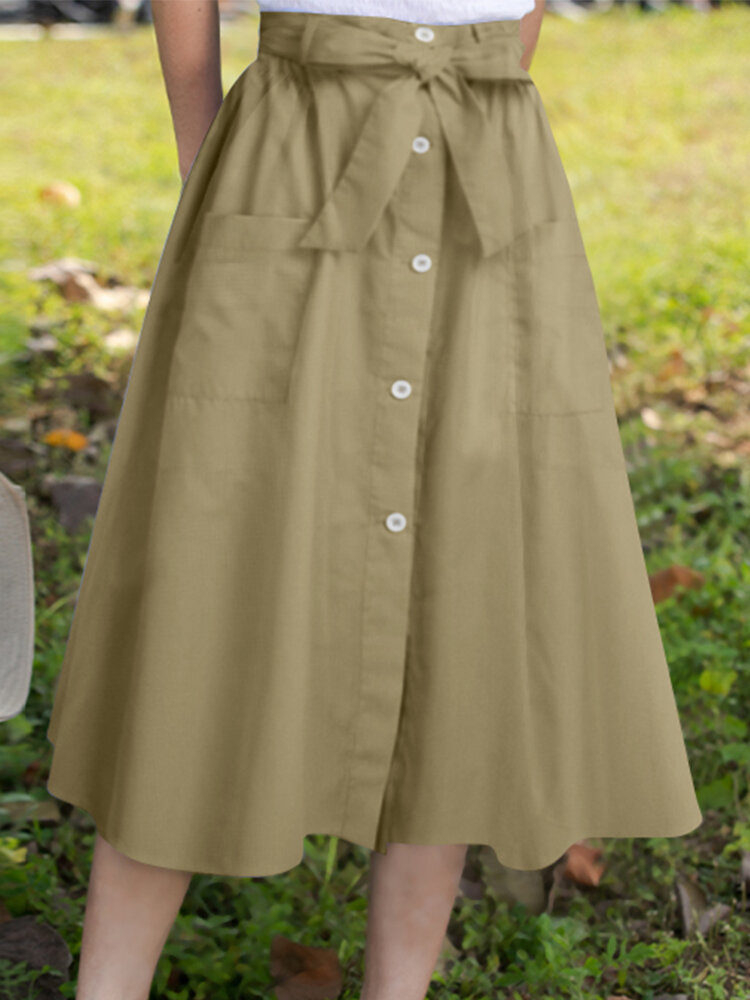 Solid Color Button Pocket Knotted Long Casual Skirt for Women