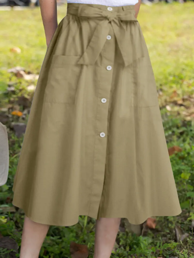 Solid Color Button Pocket Knotted Long Casual Skirt for Women