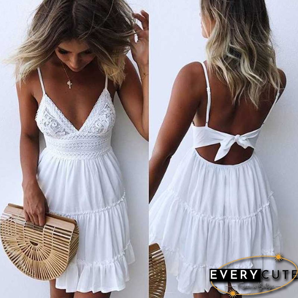 Tie Back Knot Lace Tiered Layered Ruffle Mini Dress