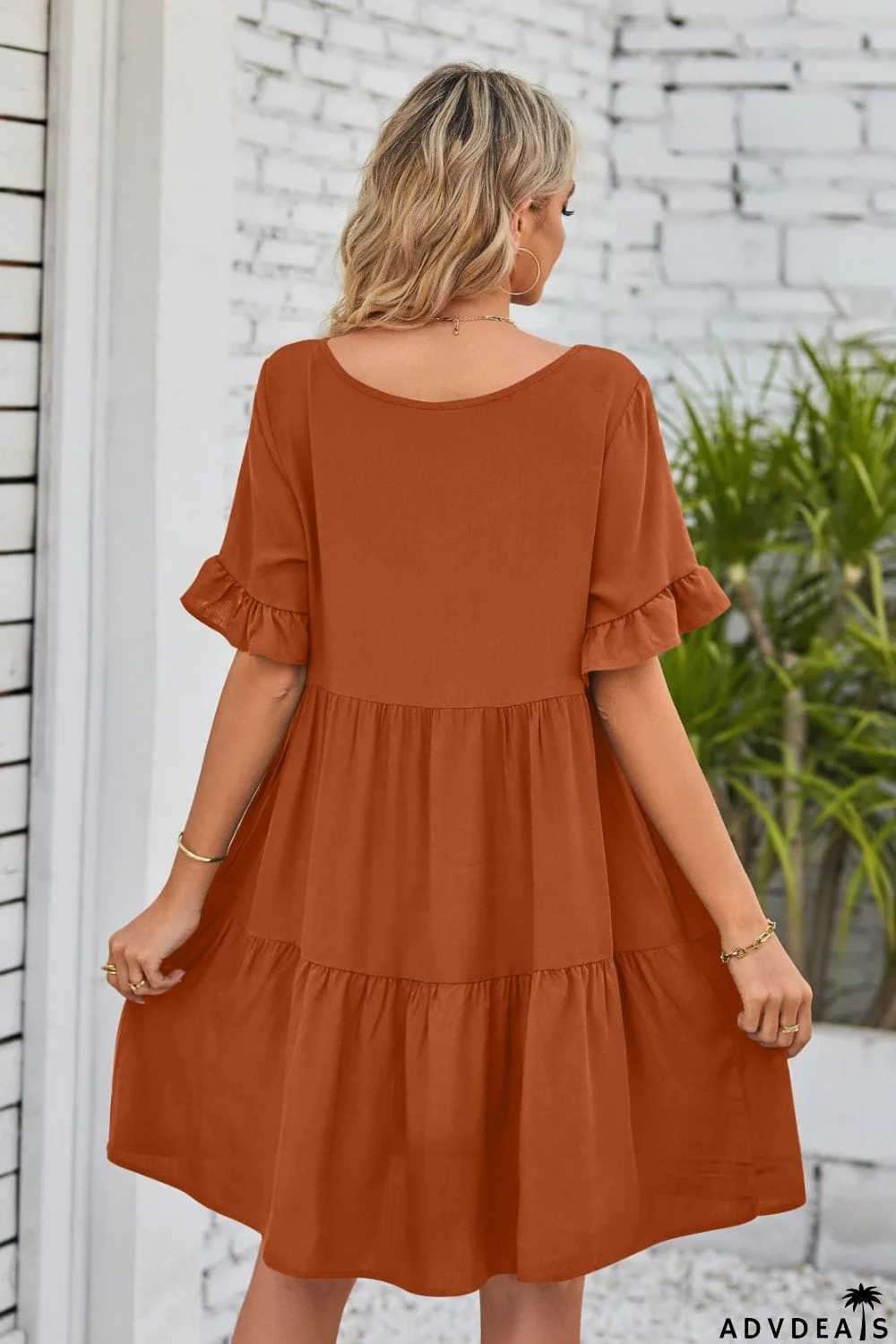 V-Neck Flounce Sleeve Tiered Dress