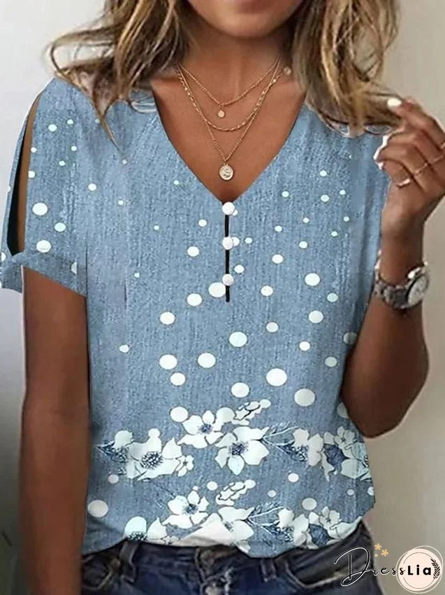 Women's T Shirt Tee White Blue Light Blue Floral Button Cut Out Short Sleeve Holiday Weekend Basic Round Neck Regular
