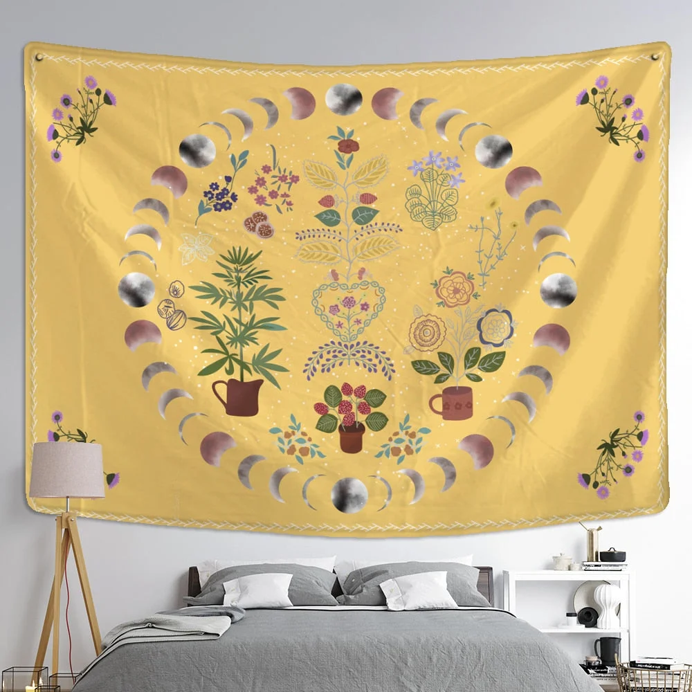 Moon Phase Tapestry Wall Hanging Plants Celestial Flowers Starry Sky Bohemian Witchcraft Hippie Home Decor