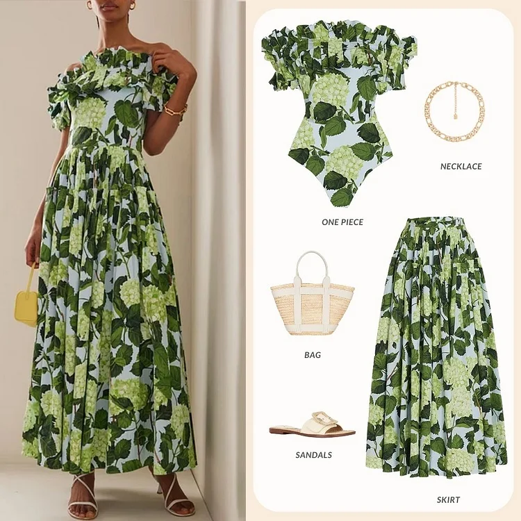 【PORTERNA】Faren Short One Piece Off Shoulder Hydrangea Print Ruffle One Piece Swimsuit and