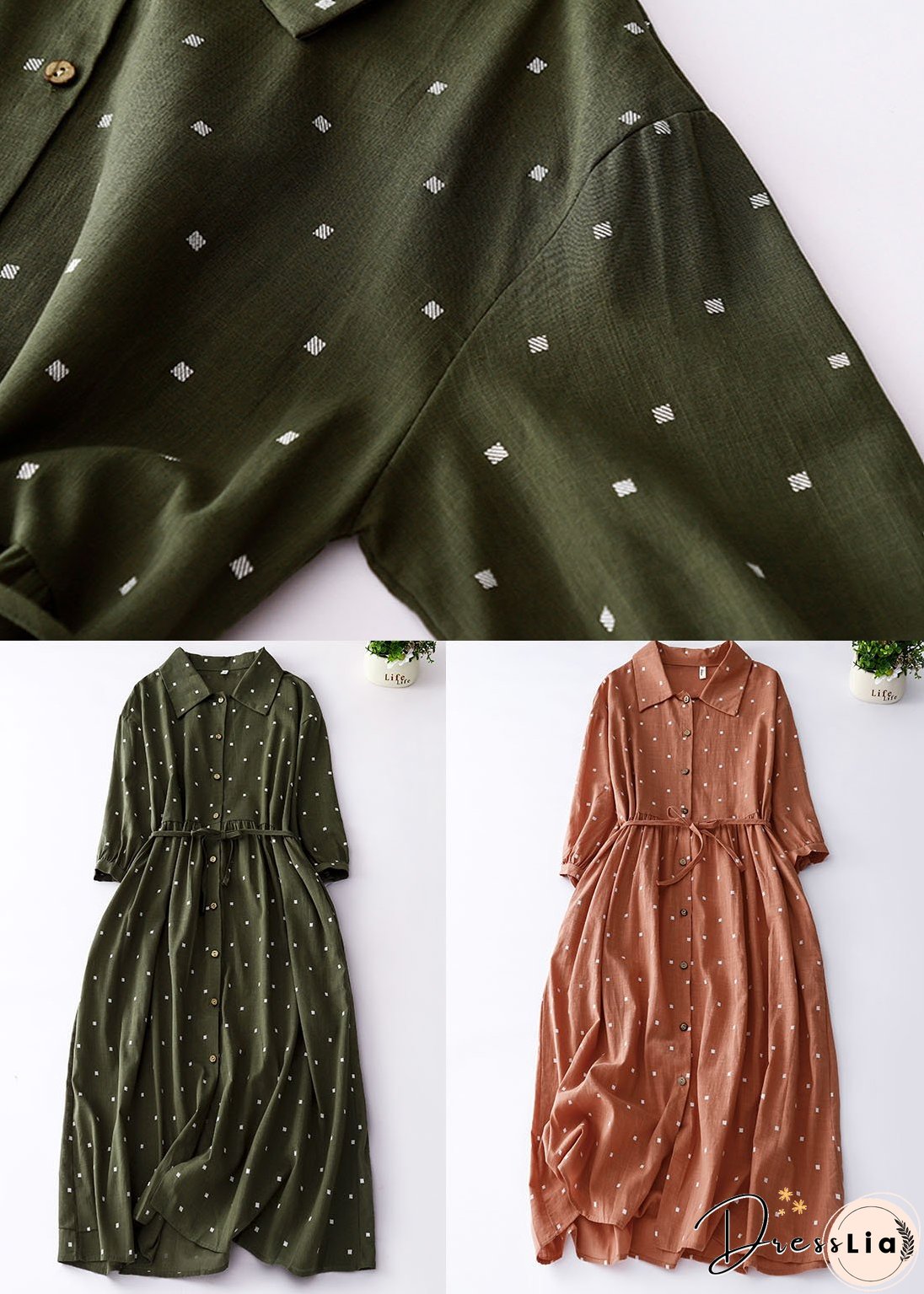 Green Print Patchwork Cotton Dresses Peter Pan Collar Tie Waist Summer