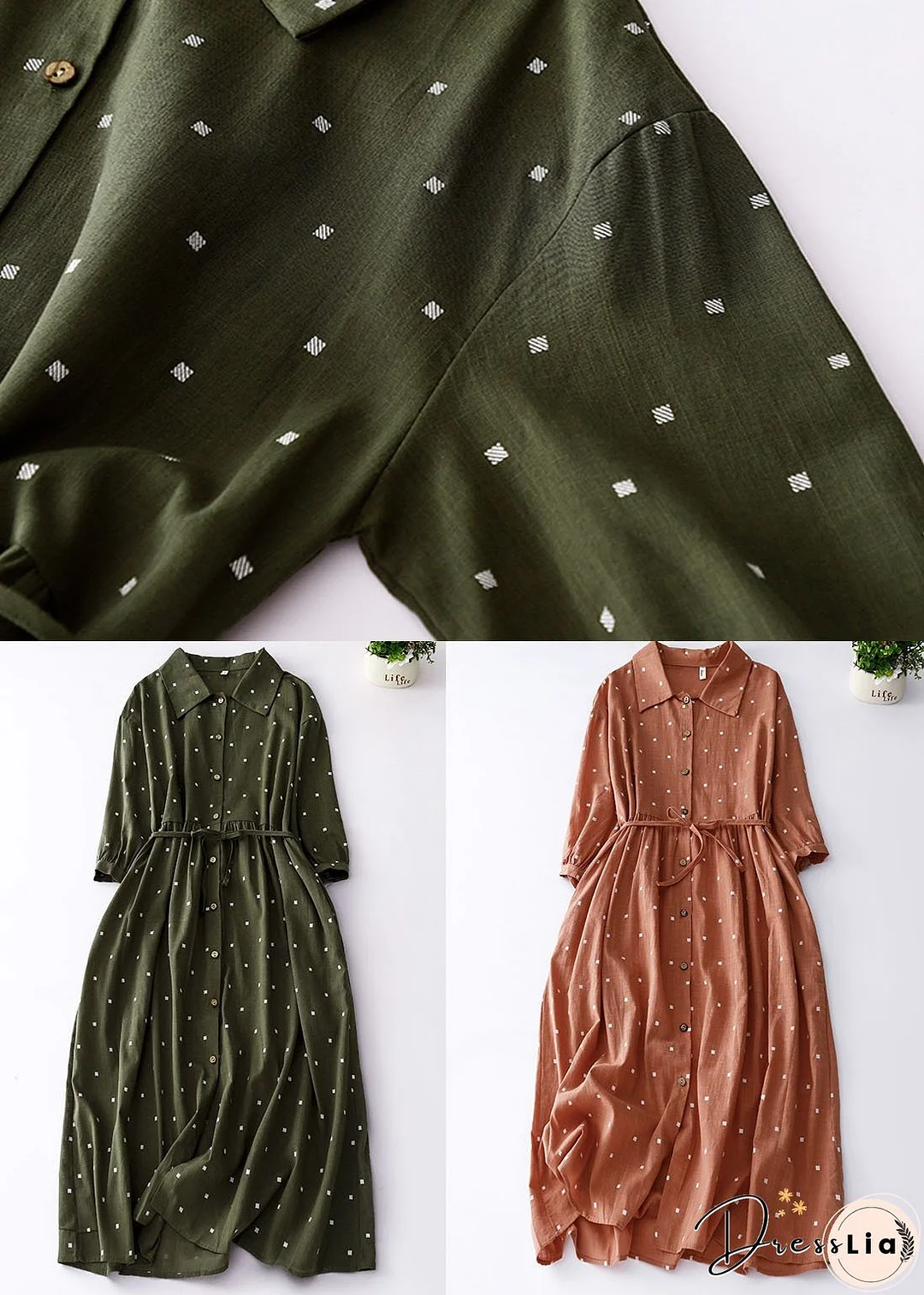 Green Print Patchwork Cotton Dresses Peter Pan Collar Tie Waist Summer