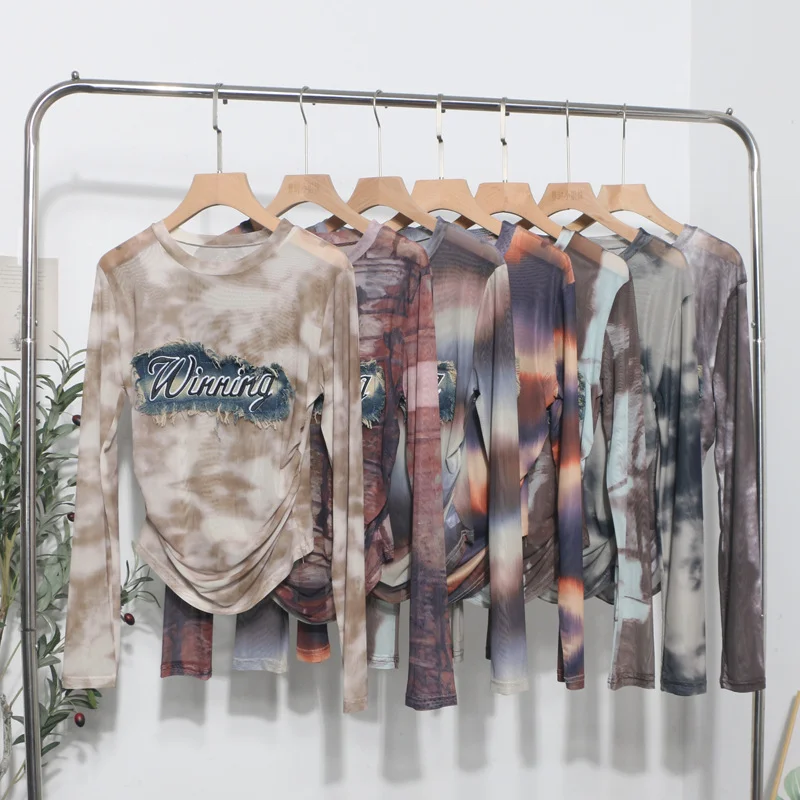 Churchf Real Shooting New Long-Sleeved Mesh Spliced Embroidered Denim Bottom T-Shirt Sun Folding Short Top 2582