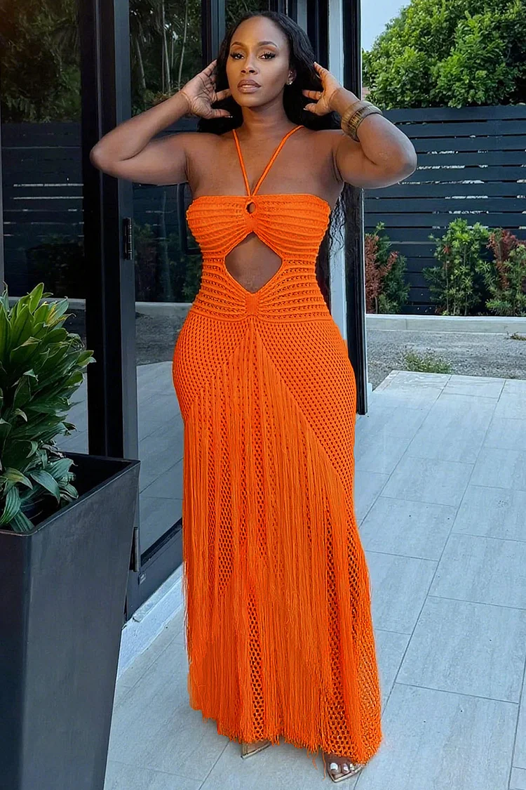 Halter Textured Knit Cutout Fringe Vacation Maxi Dresses-White [Pre Order]