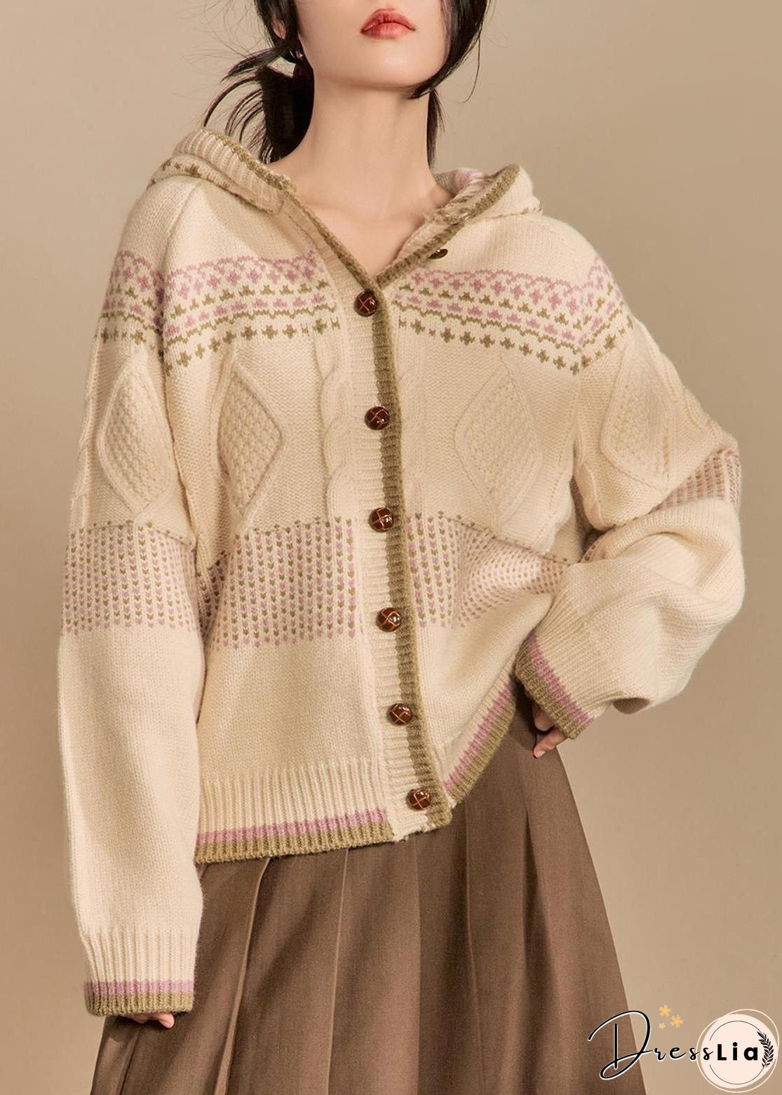 Loose Apricot Hooded Button Knit Coats Winter