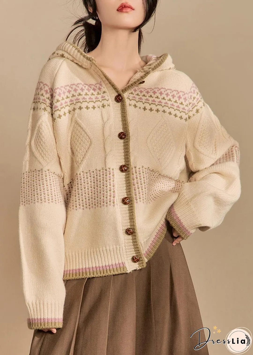 Loose Apricot Hooded Button Knit Coats Winter