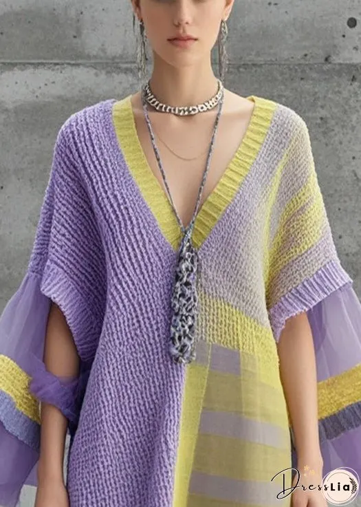 Women Lavender Asymmetrical Patchwork Tulle Knitwear Dress Fall