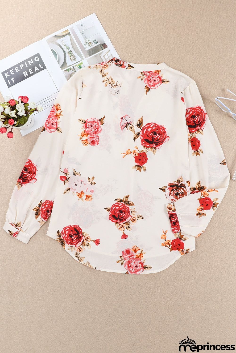 Beige Floral Print V Neck Button Down Blouse
