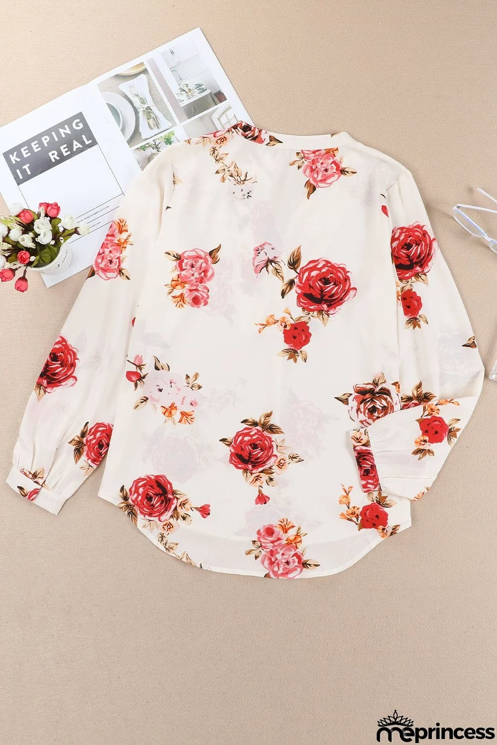 Beige Floral Print V Neck Button Down Blouse