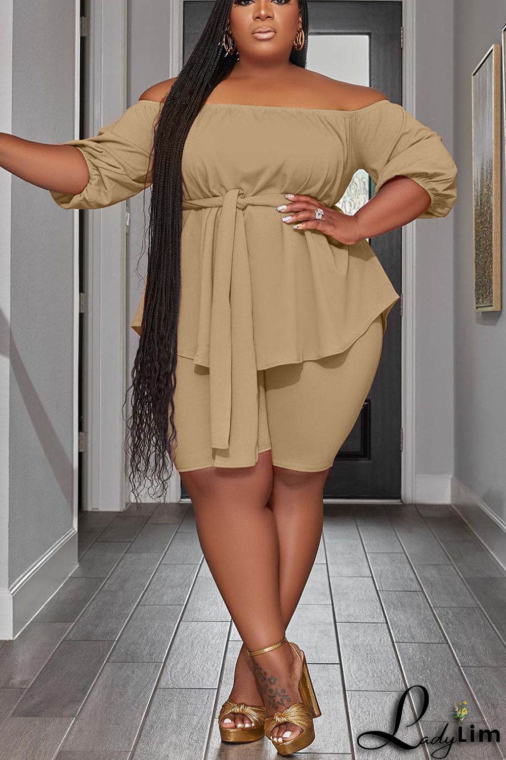 Khaki Casual Solid Bandage Patchwork With Belt Off the Shoulder Plus Size Two Pieces