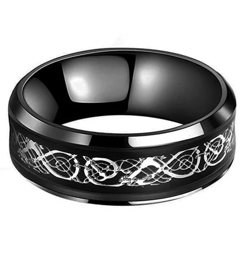 6MM 8MM Tungsten Women's or Men's Black and Silver Celtic Dragon Knot Rings with Resin Inlay