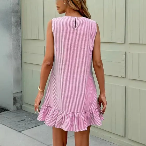 Women&rsquo;s Round Neck Sleeveless Vertical Striped Loose Straight Mini Dress With Ruffle Hem