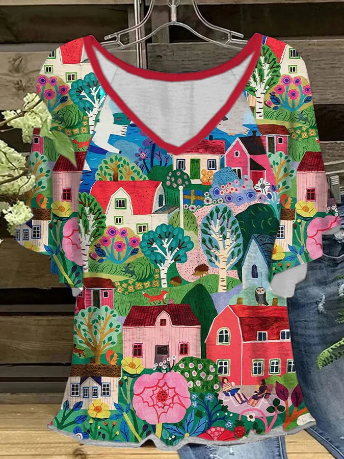 Women's Oil Painting Print Short Sleeve T-Shirt