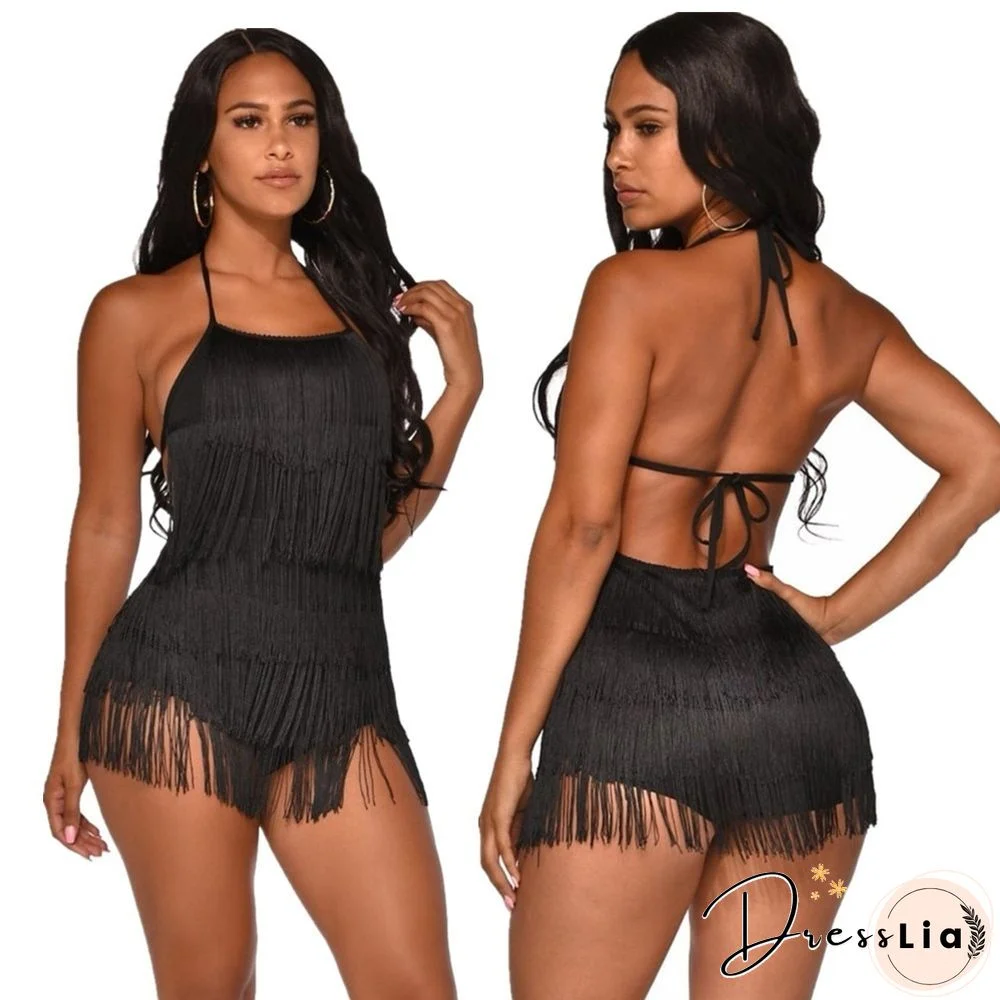 Women's Wedding Halter Mini Dress With White Tassels Off-the-shoulder Elegant Party Evening Dress