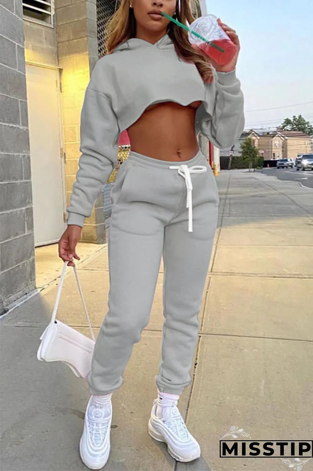 Grey Casual Solid Patchwork Hooded Collar Long Sleeve Regular Sleeve Short Two Pieces