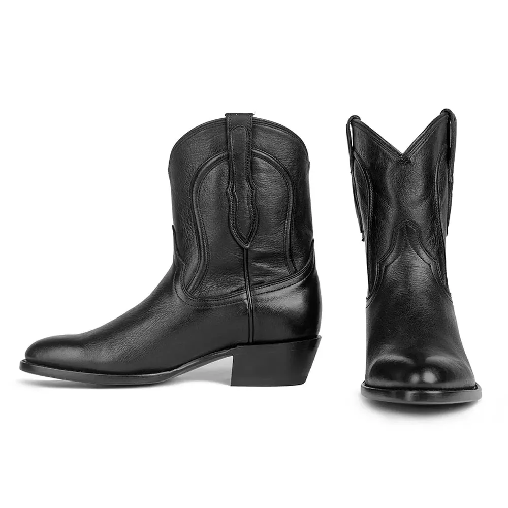 Black Faux Leather Closed Toe Chunky Heel Walking Pull On Cowgirl Boots