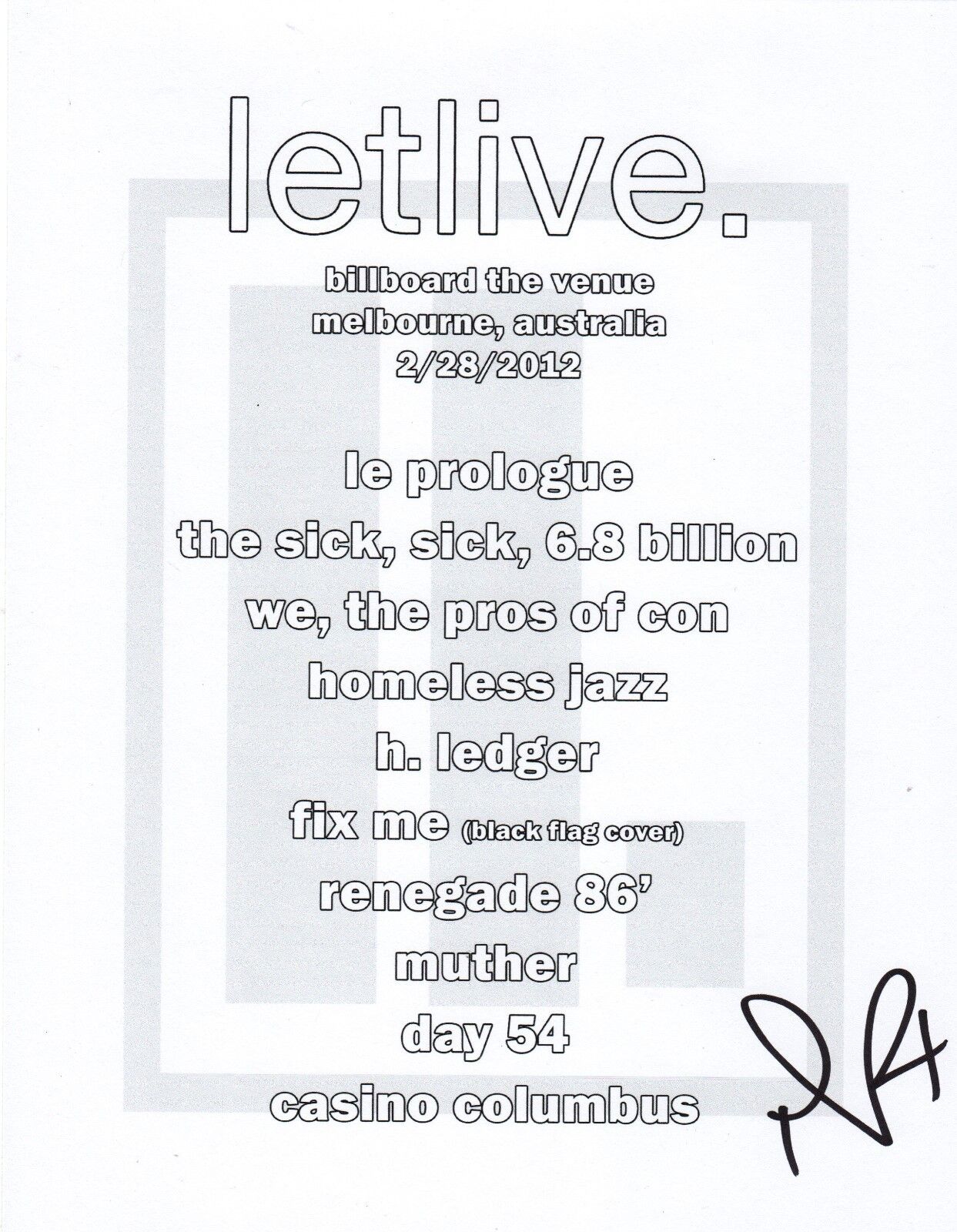 Jason Butler of Letlive. band REAL hand SIGNED set list #1 COA Letlive Fever 333