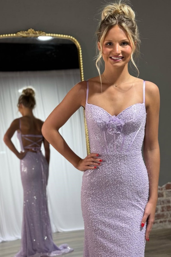 Spaghetti-Straps Lilac Beaded Mermaid Prom Dress | ZT0504