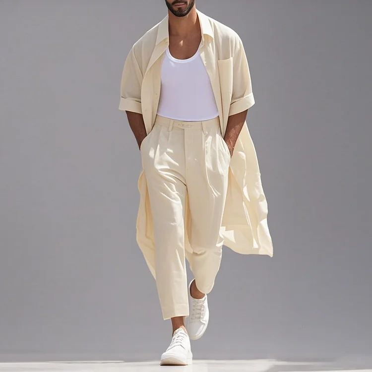 Okaywear Turndown Collar 3/4 Sleeve Long Shirt & Pants 2Pcs Set Okaywear