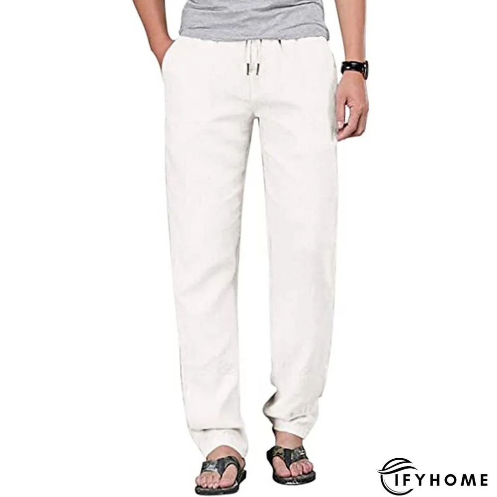 Men's Linen Pants Trousers Summer Pants Beach Pants Drawstring Elastic Waist Plain Breathable Soft Casual Daily Holiday Linen / Cotton Blend Fashion Streetwear Black White Micro-elastic | IFYHOME