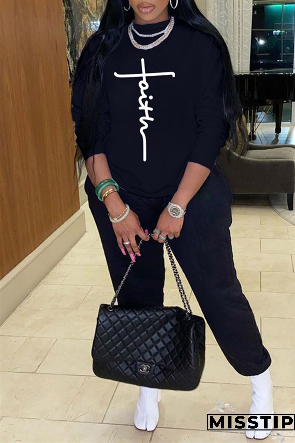 Black Fashion Casual Print Basic O Neck Long Sleeve Two Pieces