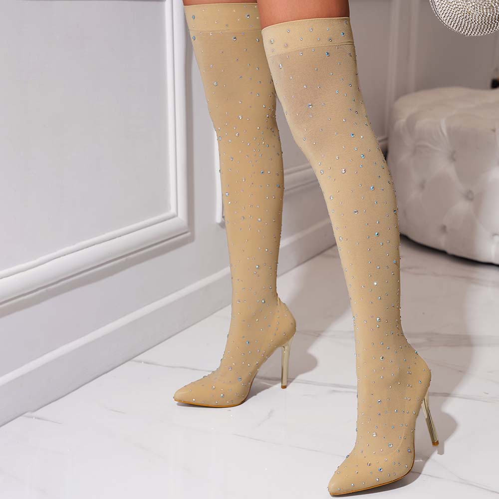 Women's Nude Pointed Toe Rhinestone Heeled Over-the-Knee Sock Boots Nicepairs